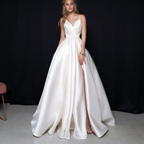 Dresses & Skirts - Fashion Satin Wedding Dress 2022 Custom Size Sexy Spaghetti Straps Ruched Pleats